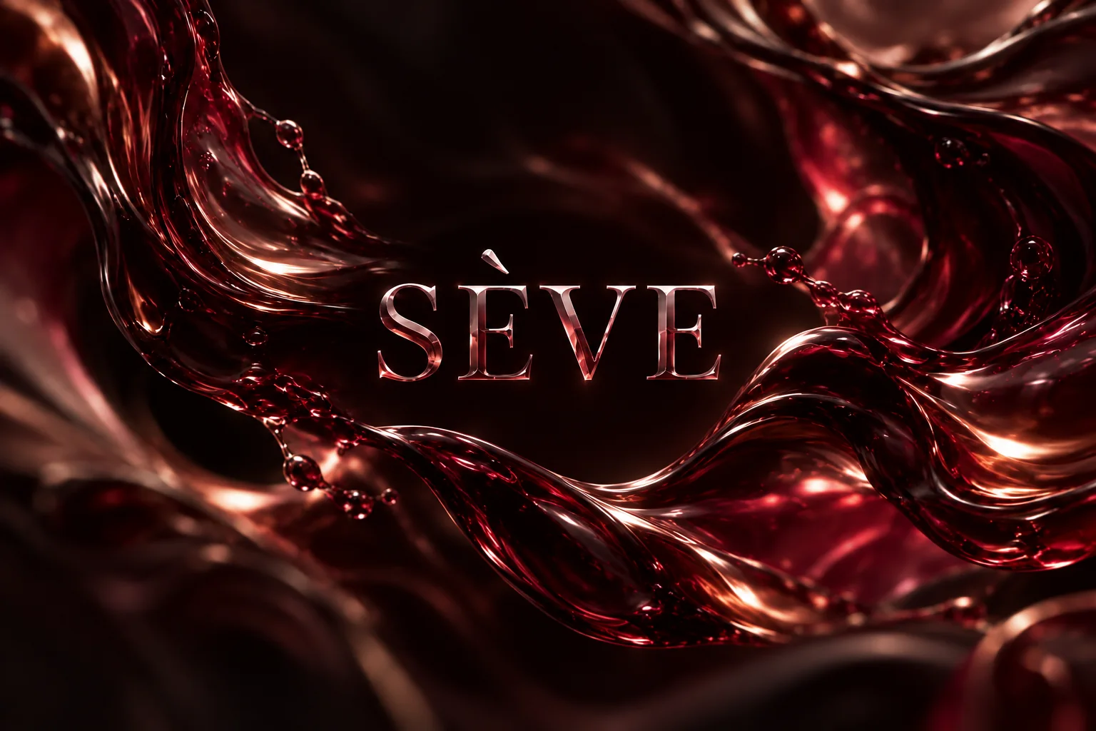SÈVE wordmark surrounded by luminous flowing burgundy sap